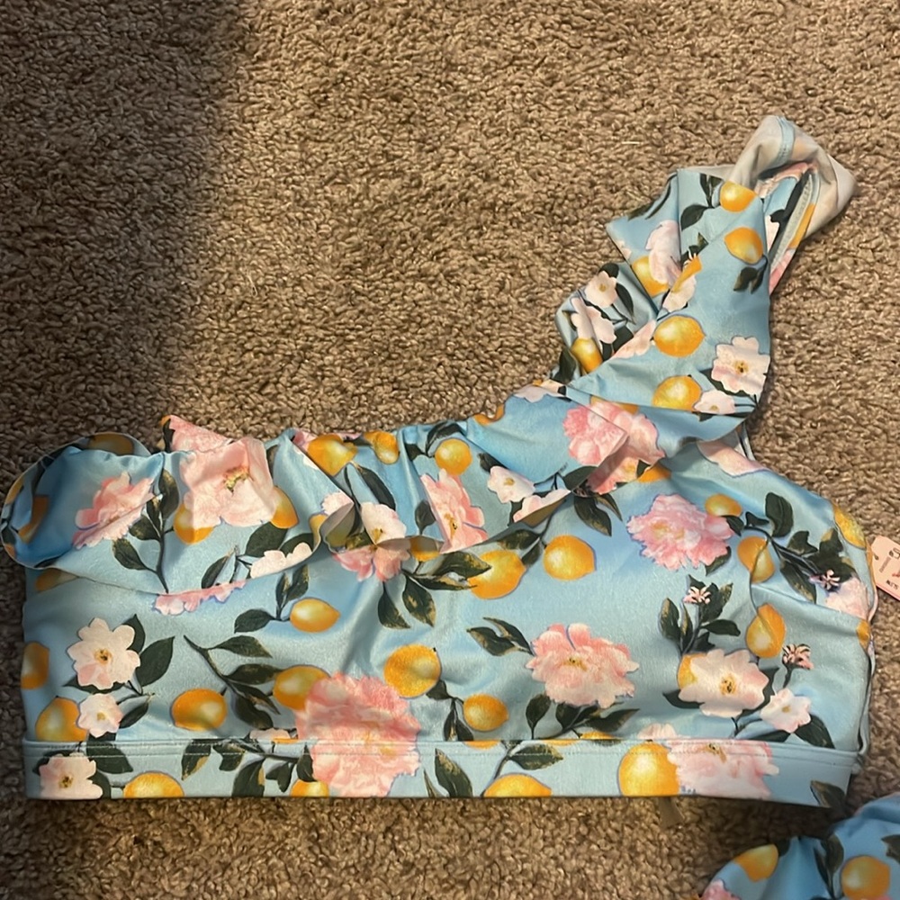 Victoria’s Secret One Shoulder Brazilian Ruffle Bikini Blue W/Lemons NWT. - Picture 2 of 3